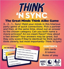 The product image displays the game 'Think 'n Sync: The Great Minds Think Alike Game' by Gamewright. The vibrant packaging features a playful design and highlights that this is a party game for 3 to 8 players aged 12 and above. The game involves quick connections where players shout out answers to categories like movies, flavors, and animals. The content includes 225 cards and 8 tokens, making it perfect for lively social gatherings.