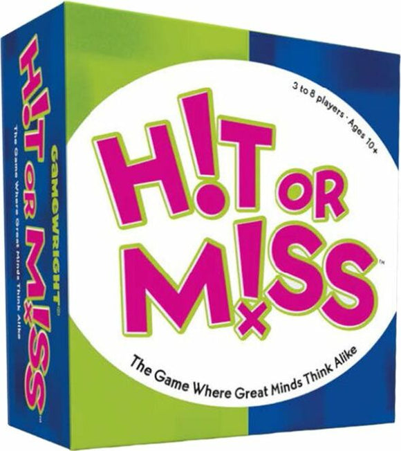 Hit or Miss Port-A-Party game box by Gamewright. The colorful design features bold text with the title 'Hit or Miss' prominently displayed. The box indicates it is suitable for 3 to 8 players aged 10 and above. The tagline reads, 'The Game Where Great Minds Think Alike.'