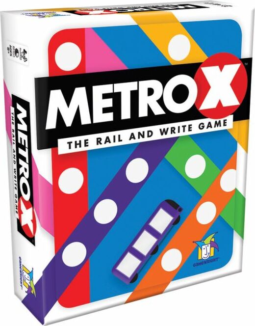 Metro X game box featuring a colorful design with bright blue, pink, orange, and green geometric patterns. The title "Metro X" is prominently displayed in bold black letters, along with the tagline "THE RAIL AND WRITE GAME." A stylized train icon is illustrated on the box, highlighting its gameplay element.