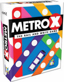 Metro X game box featuring a colorful design with bright blue, pink, orange, and green geometric patterns. The title "Metro X" is prominently displayed in bold black letters, along with the tagline "THE RAIL AND WRITE GAME." A stylized train icon is illustrated on the box, highlighting its gameplay element.