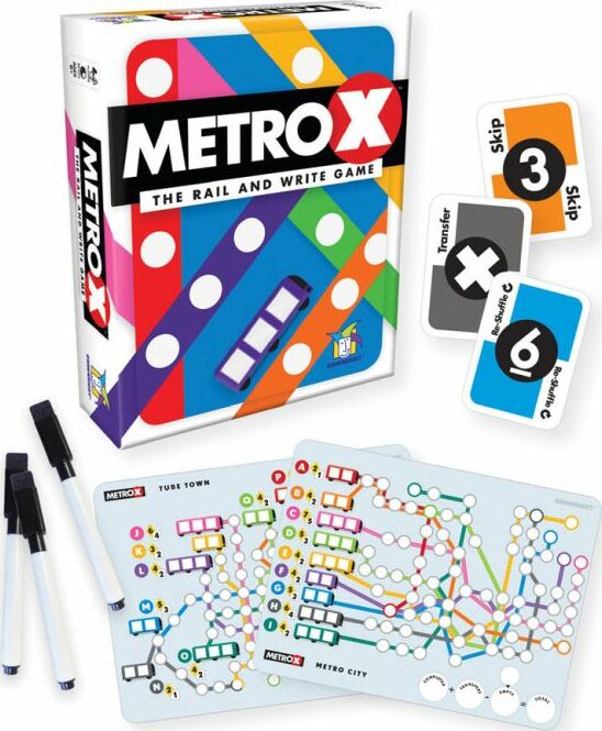Metro X, a fun rail and write game by Gamewright, includes colorful game cards and unique metro maps. Features pens for gameplay and engaging mechanics.