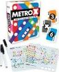 The Metro X game by Gamewright, featuring a colorful box with a bold logo, number cards, colored markers, and game boards with numbered grids for gameplay.