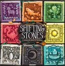 Shifting Stones game box featuring a vibrant design with various intricately illustrated tiles, each depicting different mythical creatures, patterns, and symbols. The title 'Shifting Stones' is prominently displayed at the center, with a tagline 'A Game of Tiles & Tactics'. The backdrop includes hints of nature, enhancing the artistic appeal of the game.