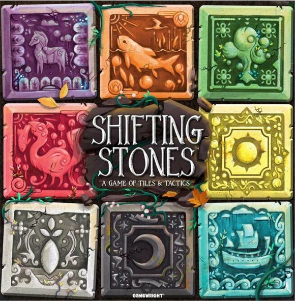 Shifting Stones game box featuring a vibrant design with various intricately illustrated tiles, each depicting different mythical creatures, patterns, and symbols. The title 'Shifting Stones' is prominently displayed at the center, with a tagline 'A Game of Tiles & Tactics'. The backdrop includes hints of nature, enhancing the artistic appeal of the game.