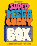 Brightly colored packaging for the Super Mega Lucky Box by Gamewright, featuring playful typography in bold colors against a yellow background. The box is labeled as 'A spectacularly fun game' highlighting its exciting gameplay.