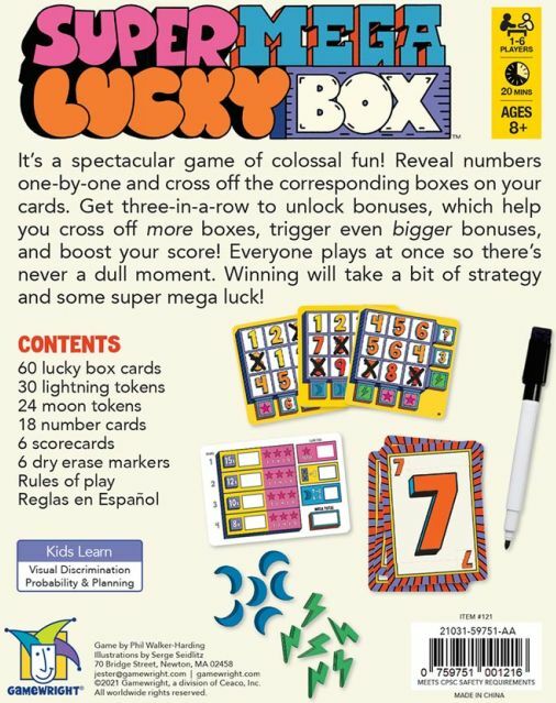 Super Mega Lucky Box from Gamewright is an engaging card game designed for 1-6 players aged 8 and up. The game includes 60 lucky box cards, lightning tokens, moon tokens, number cards, scorecards, and dry erase markers, offering thrilling gameplay where players reveal numbers and strategize to cross off corresponding boxes. A blend of luck and strategy ensures that every game session is exciting and never dull.