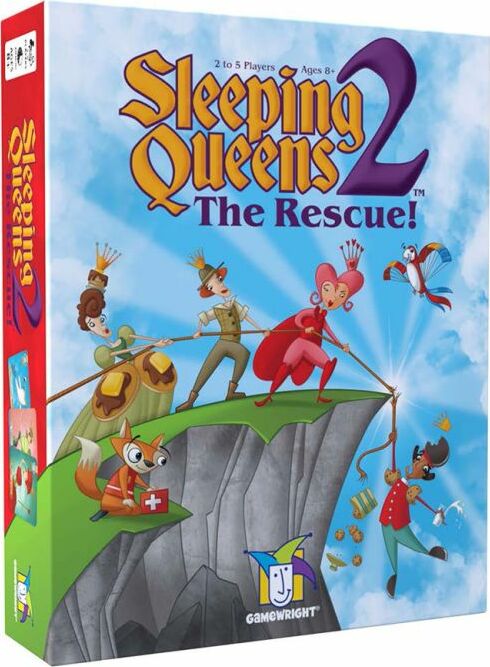 The box of the game 'Sleeping Queens 2 the Rescue' by Gamewright features colorful and whimsical illustrations. The cover showcases various characters including queens, knights, and a fox, all set against a backdrop of mountains and a vibrant landscape. It highlights that the game is for 2 to 5 players and suitable for ages 8 and up.