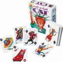 Rat-a-Tat Cat card game by Gamewright, featuring illustrated cards with whimsical animal characters including a cat in a car, a mouse with a fishing rod, and a king in a robe. The game box shows a cartoon cat on top, with vibrant colors designed for family fun.