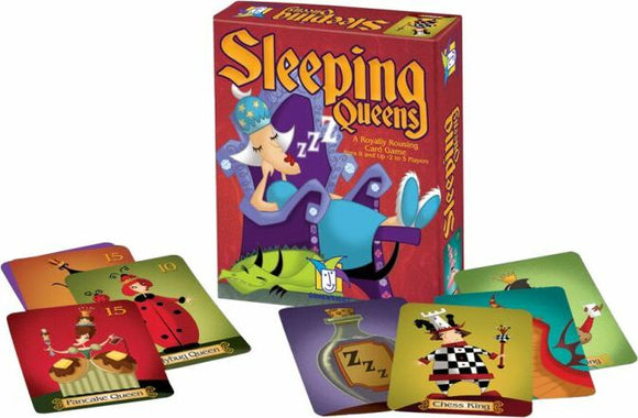 The image shows the game 'Sleeping Queens' by Gamewright. The game box features a whimsical design with a character 'Sleeping Queen' lounging in a chair while z's float above her head. Surrounding the box are colorful playing cards depicting various queens and characters including a Dragon, a Pancake Queen, and a Chess King, highlighting the game's fun and royal theme. Suitable for 2 to 5 players.