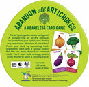 Abandon All Artichokes card game packaging featuring vibrant illustrations of vegetable characters such as onion, broccoli, eggplant, and beet. The title 'Abandon All Artichokes: A Heartless Card Game' is prominently displayed in bright green text. The packaging details game contents, player count, age recommendation, and playtime.
