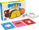 Butts on Things is a humorous card game by Gamewright featuring a colorful box design. The game involves whimsical drawings of butts on various items, like a taco and a donut. The packaging includes vibrant illustrations and the tagline 'The Cheek to Cheek Card Game' prominently displayed. Cards featuring funny designs are visible, making it appealing for those looking for a fun and entertaining game night.