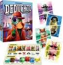 Deduckto game box featuring a colorful illustration of a duck detective with a magnifying glass. Surrounding the box are character cards showcasing quirky animal suspects like a fox, pig, and more, alongside the game board with suspects, disguises, and locations for a fun deduction experience. Suitable for 2-4 players aged 8 and above.