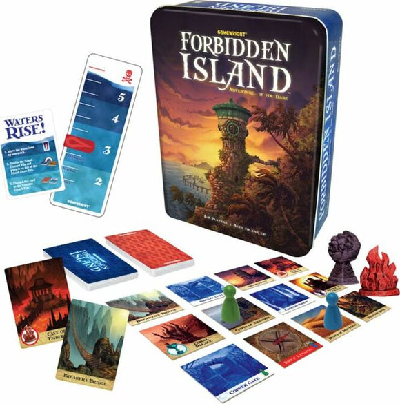 Forbidden Island board game by Gamewright displayed in its metal tin. The set includes various game pieces, cards, and a water level indicator. The artwork features a tropical island scene with an ancient tower and vibrant colors, emphasizing adventure and teamwork.