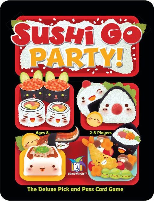Sushi Go Party! board game box by Gamewright featuring colorful cartoon sushi characters. Includes visual elements such as rolls, nigiri, and sashimi, highlighting its fun and inviting design. Suitable for ages 8 and up, designed for 2-8 players, emphasizing the social aspect of the game.