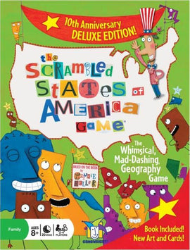 The Scrambled States of America game box featuring colorful cartoon characters representing different states, with playful typography. The box highlights its 10th Anniversary Deluxe Edition and emphasizes it's a whimsical geography game based on the book by Laurie Keller. Suitable for family fun and educational engagement, ages 8 and up.