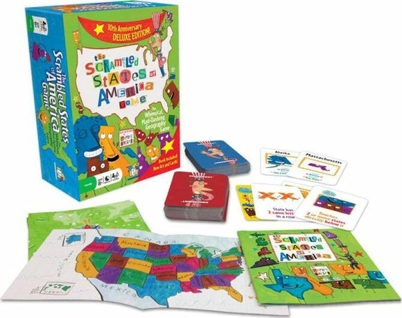 The Scrambled States of America game by Gamewright. The box features colorful illustrations and characters related to U.S. geography. Included are cards, a US map, and instruction booklets, showcasing interactive gameplay that enhances knowledge of state locations and fun trivia. Ideal for families and educational settings.