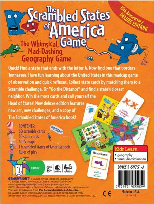 The Scrambled States of America game by Gamewright features colorful illustrations and state cards. It's a whimsical geography game where players collect state cards by matching them according to unique challenges. The deluxe edition includes a copy of the original game, making it a fun educational experience for families. Ideal for children aged 8 and up, promoting geography skills and visual discrimination.