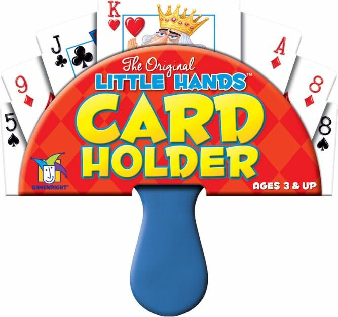 The Original Little Hands Card Holder by Gamewright, designed for children ages 3 and up. The card holder features a playful design with bright colors and displays a variety of playing cards, including Kings, Aces, and other face cards, making it easy for kids to hold and play card games.