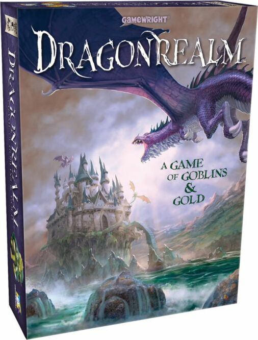 The Dragonrealm board game by Gamewright features a beautifully illustrated box showing a fantasy scene with a majestic purple dragon soaring over a mystical castle. The castle is surrounded by lush greenery and water, and the tagline 'A Game of Goblins & Gold' is prominently displayed. Ideal for adventure lovers and board game enthusiasts.