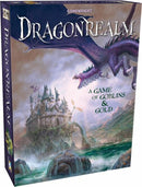The Dragonrealm board game by Gamewright features a beautifully illustrated box showing a fantasy scene with a majestic purple dragon soaring over a mystical castle. The castle is surrounded by lush greenery and water, and the tagline 'A Game of Goblins & Gold' is prominently displayed. Ideal for adventure lovers and board game enthusiasts.