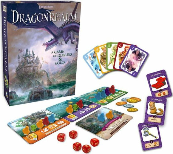 The Dragonrealm game by Gamewright features a colorful, whimsical box depicting a dragon over a fantasy landscape. The game components include action cards, player pieces in various colors, dice, and character cards, inviting players to engage in a magical adventure filled with goblins and treasures.
