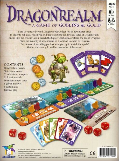 Dragonrealm board game by Gamewright featuring colorful adventure cards, treasure coins, and playful goblin figures. The game emphasizes strategy and competition as players explore a mythical realm to gather treasures and outsmart goblins. Ideal for ages 10 and up, it offers engaging gameplay for 2 to 5 players within a 30-minute session, perfect for family game nights or gatherings.