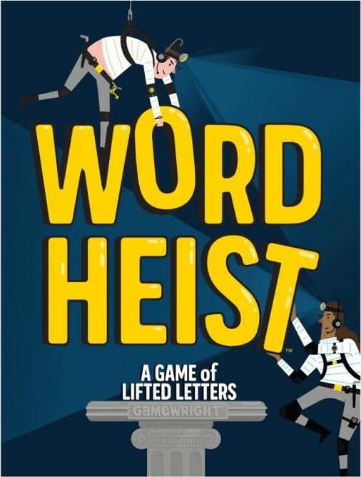 Word Heist game box featuring bold yellow title. Two characters are illustrated, one hanging upside down and the other standing on a pedestal, both engaged in a word heist theme. The background is dark blue, adding contrast to the vibrant graphics.