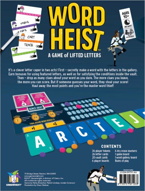 The Word Heist game by Gamewright features vibrant graphics and components. The back of the box showcases a description of the game, which is a clever letter caper in two acts. Players create a word using letters from the gallery, earn bonuses, and provide clues while others guess. It includes 36 player tokens, 26 letter cards, and various scoring elements to enhance gameplay, suitable for ages 10 and up.