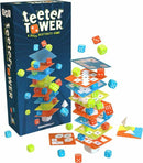 Teeter Tower game by Gamewright featuring a colorful stacking tower constructed from vibrant game pieces, with various dice scattered around. The game's box showcases its fun and dynamic design, emphasizing dexterity and strategy in gameplay.