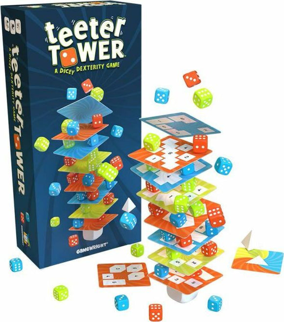 Teeter Tower game by Gamewright featuring a colorful stacking tower constructed from vibrant game pieces, with various dice scattered around. The game's box showcases its fun and dynamic design, emphasizing dexterity and strategy in gameplay.