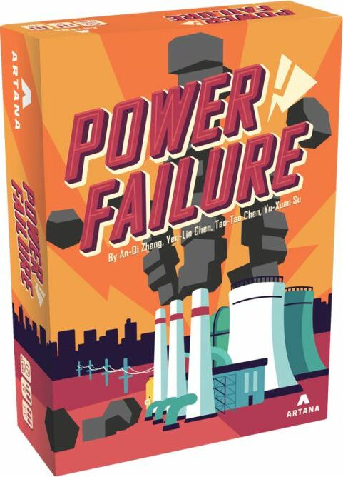 The game 'Power Failure' by ARTANA GAMES, featuring a colorful box design with bold lettering and illustrations of power plants and machinery. The vibrant artwork emphasizes the theme of energy and technology, making it visually appealing for game enthusiasts.