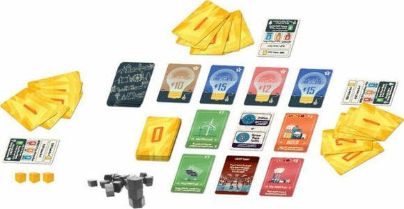 Power Failure board game by ARTANA GAMES, featuring various cards, tokens, and game pieces, displayed with vibrant illustrations for strategic gameplay.