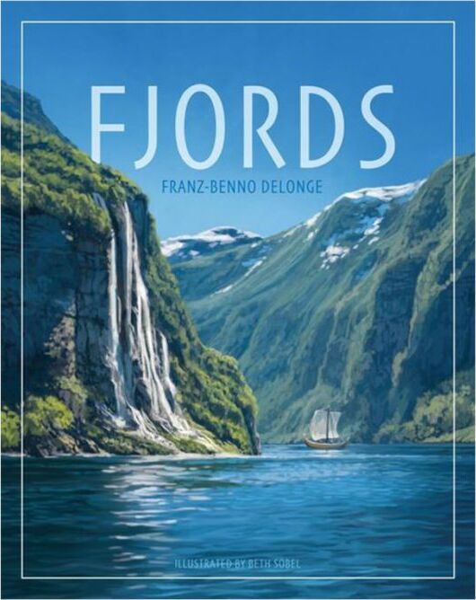 Fjords by GRAIL GAMES features a stunning illustration of a serene fjord landscape. Lush green mountains rise steeply from the tranquil blue waters, with a small sailboat gently gliding through. The title 'FJORDS' is displayed prominently at the top, accentuating the natural beauty of the setting.