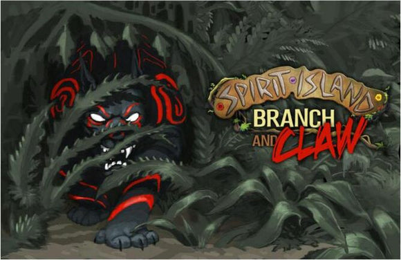 The Spirit Island: Branch and Claw Expansion box cover, featuring an artistic depiction of a fierce creature in dark foliage. The title 'Spirit Island' is prominently displayed at the top with 'Branch and Claw' in bold letters beneath it, capturing the game's adventurous and mystical themes.