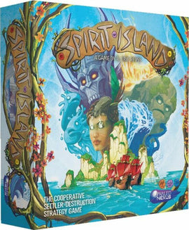 The box of Spirit Island, a cooperative strategy game by Greater Than Games. The artwork features a lush island landscape with mystical figures including a half-visible ship, a skull, and a woman's face intertwined with nature, showcasing the game's theme of defending an island from settlers.