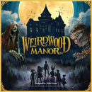 Weirdwood Manor board game box art featuring a creepy mansion under a full moon. A sinister skeletal figure and a monstrous wolf-like creature loom behind five adventurers, adding an eerie touch. Designed by Mike Cassie, the art showcases a blend of mystery and adventure.