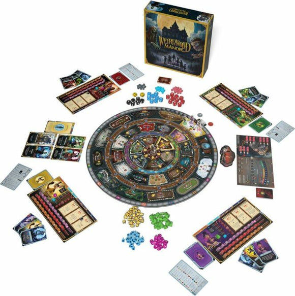 An image of the board game Weirdwood Manor by GREYRIDGE GAMES. The game includes a circular game board with various colorful tokens, cards, and player boards scattered around it. The box is prominently displayed at the back, featuring the game's title and a spooky illustration of a manor.