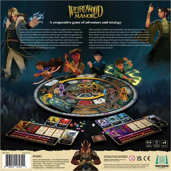 Weirdwood Manor is a cooperative adventure and strategy board game by GREYRIDGE GAMES. The image showcases the game board, featuring character tokens, cards, and colorful dice. Players take on the roles of different characters to strategize against Fae monsters in a beautifully illustrated woodland backdrop. The game includes various components like monster boards, tracking cards, and player aids, promoting teamwork and tactical gameplay.