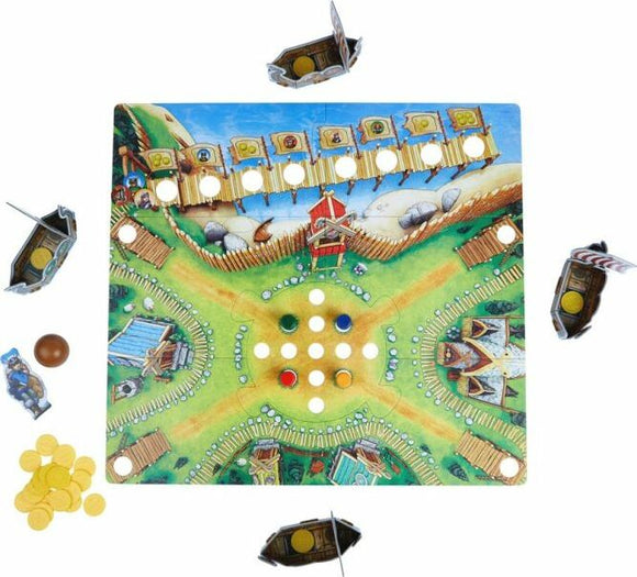 A colorful board game titled 'Valley of the Vikings' by Haba. The game board features a vibrant landscape with paths, various Viking villages, and illustrated boats. Several game pieces, including coins and player tokens, surround the board, which is designed for an engaging gameplay experience.