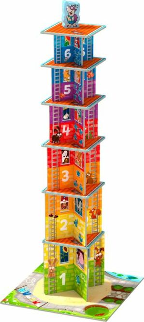 Rhino Hero Junior game by HABA featuring a multi-colored tower made of cardboard with numbered levels, ladders, and comic character illustrations. Ideal for young children, this engaging game encourages fine motor skills and cooperative play as players help Rhino Hero scale the tower without causing it to topple.