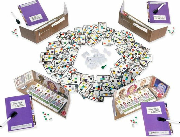 The Key Royal Star Casino board game by Haba, featuring a colorful array of game cards, player boards, and accessories spread out on a table. The setup includes different roles, character cards, and game pieces arranged in a circular formation, inviting strategic gameplay and interaction among players. The boxes are prominently displayed with a vibrant purple theme, enhancing its appeal for family game nights.