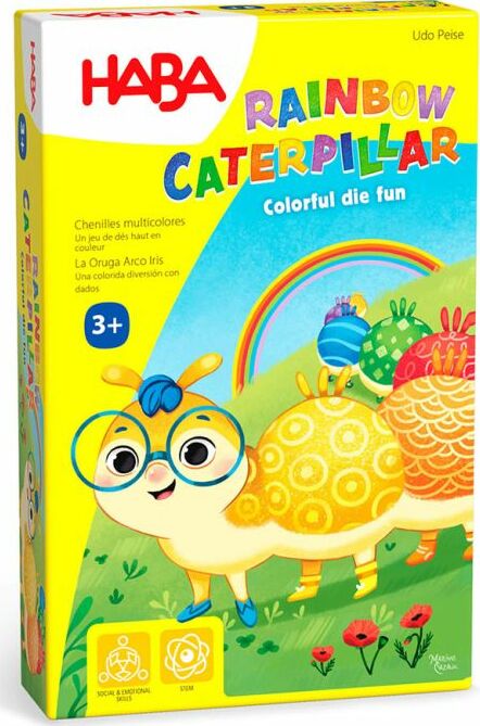 The Rainbow Caterpillar game box features a colorful illustration of a cartoon caterpillar wearing glasses, surrounded by vibrant flowers and a rainbow. Designed for children aged 3 and up, the packaging highlights its fun, engaging gameplay centered around colorful dice. The bright colors and friendly characters make it appealing to young players.