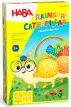 The Rainbow Caterpillar game by HABA features a colorful caterpillar character with large glasses, surrounded by bright illustrations of flowers and fruit, all set against a vibrant yellow background. Designed for young children, it promotes creativity and imagination through engaging gameplay.