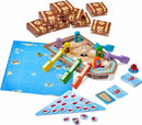 Capt'n Pepe, Treasure Ahoy! game by HABA featuring colorful pirate figurines, a boat, treasure chests, a game board with an island map, and various cards. Players navigate the ship and race to collect treasure.
