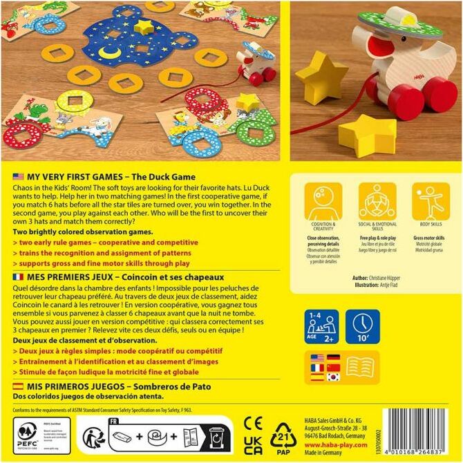 The Duck Game by HABA, a colorful board game featuring duck characters and star-shaped tokens. The game promotes pattern recognition and fine motor skills through two engaging play modes for children ages 2 and up. The packaging displays illustrations of the game's components and instructions, emphasizing creativity and cooperative play.