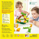 Children playing with the Animal Upon Animal game by HABA, featuring a colorful stacking challenge with 29 wooden animal figures. The game encourages precision as players stack the animals in a pyramid formation, showcasing collaboration and playful competition in a family-friendly setting.