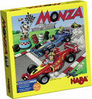 The game Monza by Haba features colorful racing cars on the box art, showcasing a vibrant racetrack scene with checkered flags and cheering characters, aimed at engaging young players in tactical thinking and color recognition.