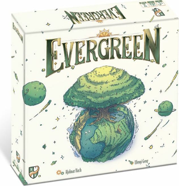 The Evergreen board game by Horrible Guild features a whimsical design showcasing a green planet with a tree-like structure on top, set against a white background decorated with small planets and stars. The title 'EVERGREEN' is prominently displayed in stylized letters, evoking a sense of nature and exploration.