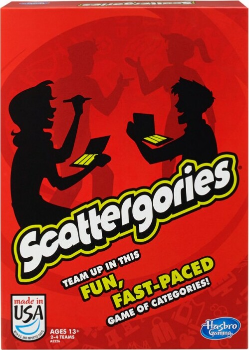 Scattergories board game by Hasbro featuring a vibrant red box with playful illustrations of two silhouetted players engaged in a fun, interactive game. The game promotes creativity and quick thinking as players team up to come up with unique answers in various categories. Ideal for ages 13 and up, it supports 2-4 teams, making it perfect for family game nights or gatherings.