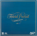 Trivial Pursuit Classic Edition board game by Hasbro. The game box features a deep blue background with elegant gold lettering and colorful icons at the bottom. Designed for ages 16 and up, it accommodates multiple players for trivia fun.